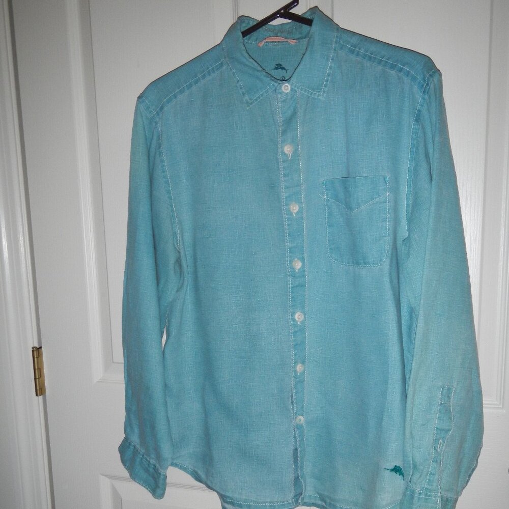 Tommy Bahama men's small 100% linen long sleeve blue shirt.